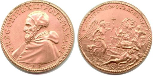 Coin of Pope Gregory XIII thankful for Massacre of Huguenots in 1572