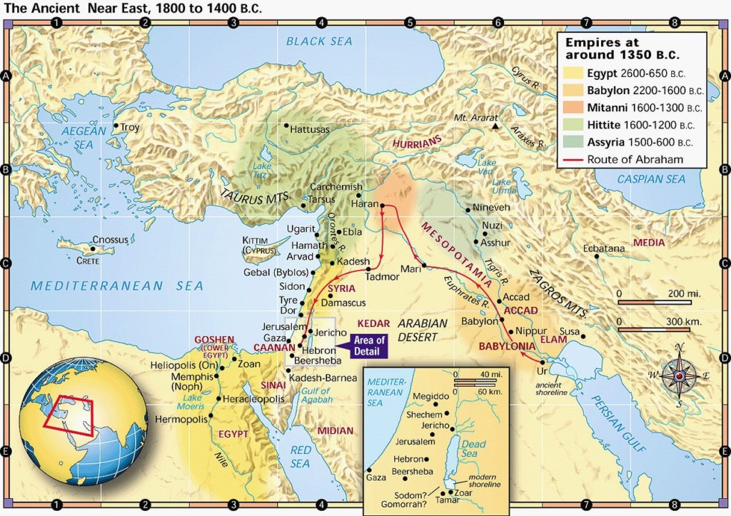 A map of Abraham's travels from Babylon to Haran and Canaan